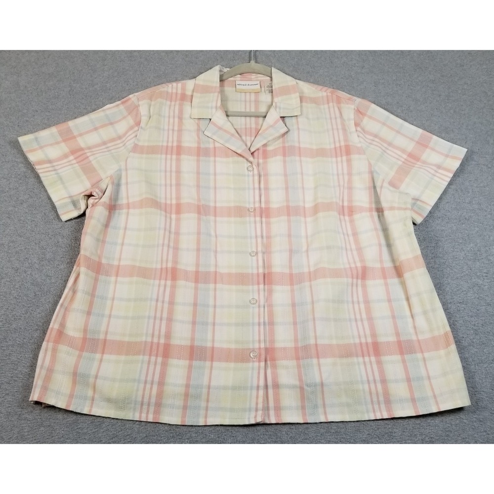 Alfred Dunner Button Up Shirt Womens 18W Plaid Pastel See Through Short Sleeves